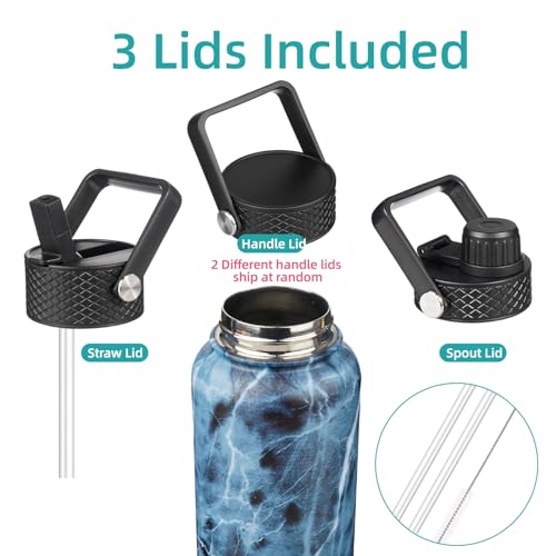 Konokyo 32 oz Insulated Water Bottle Stainless Steel Sport Bottles with 3 Lids,Marble Ocean - Image 3