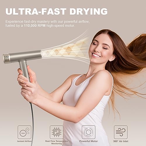 YAPOY Professional Hair Dryer with Diffuser Fast Drying 200 Million Ionic Blow Dryer with 110, 000 RPM High-Speed No Heat Damage Intelligent Thermo-Control Low Noise, Silver - Image 3