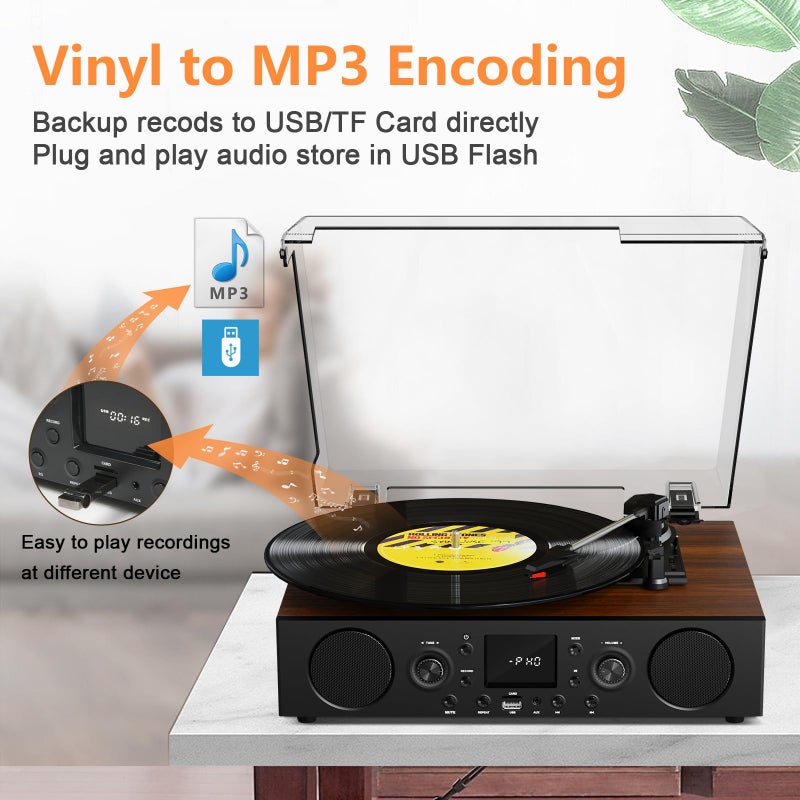 JUNGLE MONSTER Vinyl Record Player with Built-in Speaker,Bluetooth Turntable with USB Recording, 3 Speed Vintage Record Player with Bluetooth Receiving, FM Radio, RCA Out & AXU-in, Vinyl Player Brown - Image 4