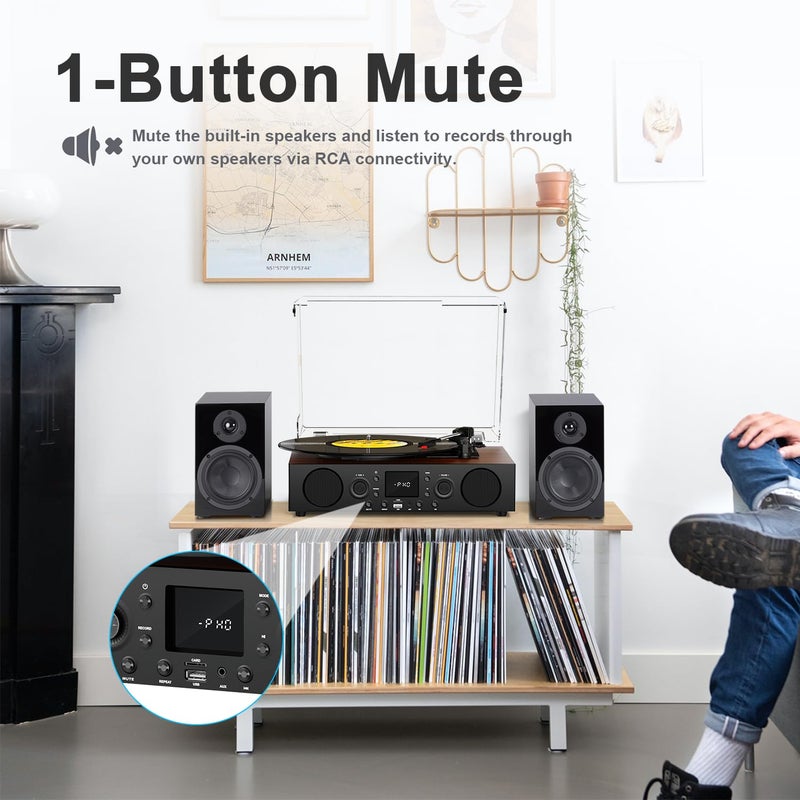 JUNGLE MONSTER Vinyl Record Player with Built-in Speaker,Bluetooth Turntable with USB Recording, 3 Speed Vintage Record Player with Bluetooth Receiving, FM Radio, RCA Out & AXU-in, Vinyl Player Brown - Image 5