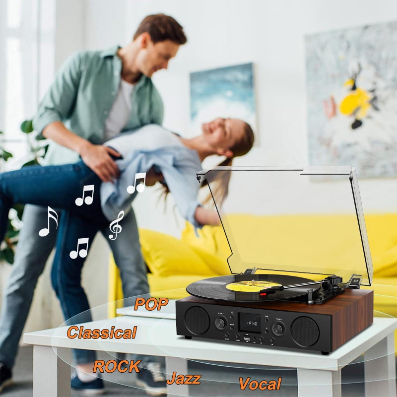 JUNGLE MONSTER Vinyl Record Player with Built-in Speaker,Bluetooth Turntable with USB Recording, 3 Speed Vintage Record Player with Bluetooth Receiving, FM Radio, RCA Out & AXU-in, Vinyl Player Brown - Image 3