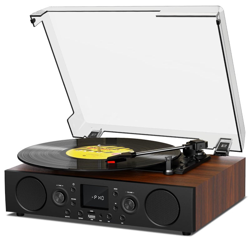 JUNGLE MONSTER Vinyl Record Player with Built-in Speaker,Bluetooth Turntable with USB Recording, 3 Speed Vintage Record Player with Bluetooth Receiving, FM Radio, RCA Out & AXU-in, Vinyl Player Brown - Image 1
