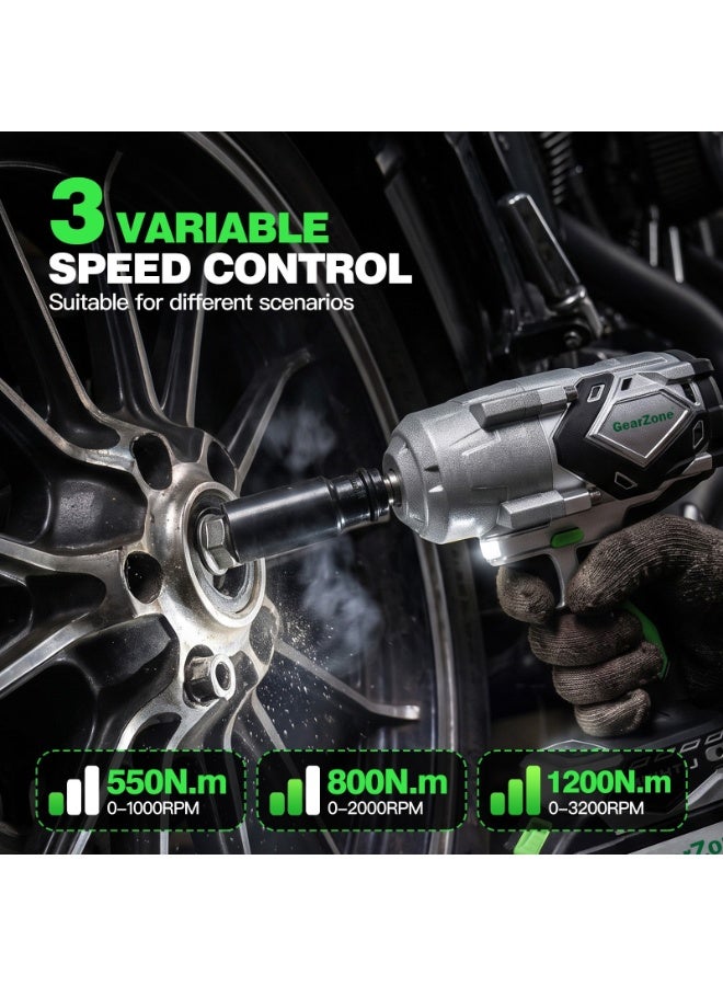 GearZone Cordless Impact Wrench, 1200Nm High Torque 885FT-LBS Brushless Impact Driver, 1/2 Inch Square Drive, 3200RPM with 2×4.0Ah Batteries & 6 Sockets, Portable Power Tool for Car Truck Tire Repair - Image 3