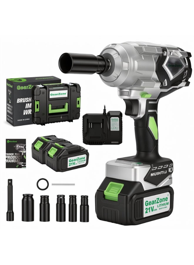 GearZone Cordless Impact Wrench, 1200Nm High Torque 885FT-LBS Brushless Impact Driver, 1/2 Inch Square Drive, 3200RPM with 2×4.0Ah Batteries & 6 Sockets, Portable Power Tool for Car Truck Tire Repair - Image 1