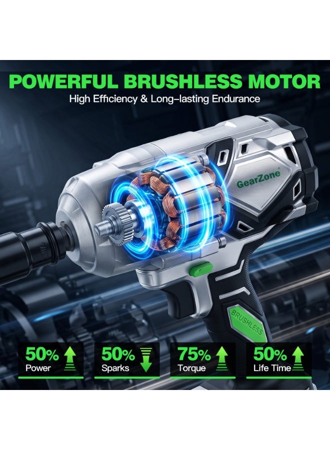 GearZone Cordless Impact Wrench, 1200Nm High Torque 885FT-LBS Brushless Impact Driver, 1/2 Inch Square Drive, 3200RPM with 2×4.0Ah Batteries & 6 Sockets, Portable Power Tool for Car Truck Tire Repair - Image 5