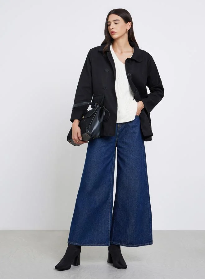 Styli Black Solid Button-Down Coat