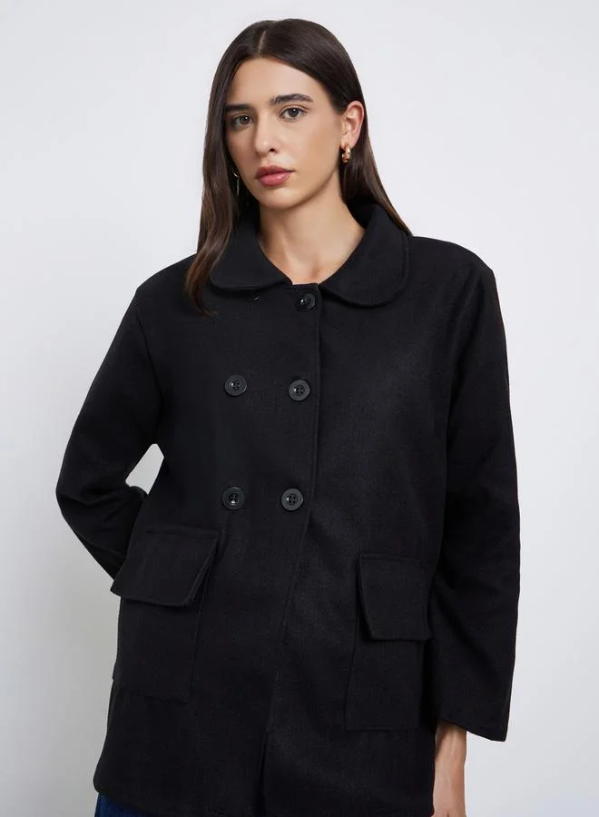 Styli Black Solid Button-Down Coat