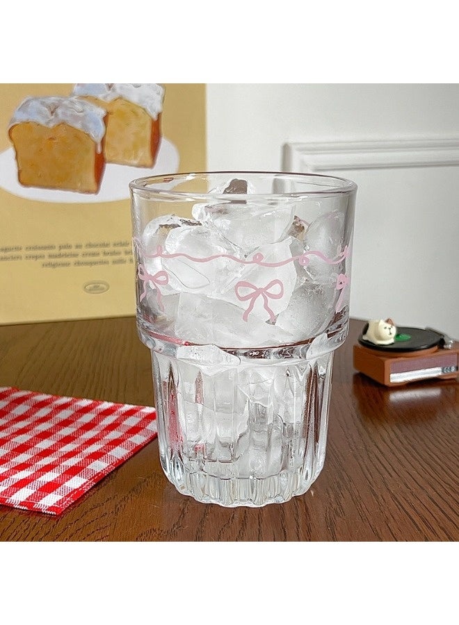 كوب زجاجي أنيق بسعة ‎380‎ مل مع نقش فيونكة لطيفة – تصميم مبتكر قابل للتكديس، مثالي لعصير الفواكه أو القهوة الباردة أو الحليب أو الشاي أو الحلوى - view 2