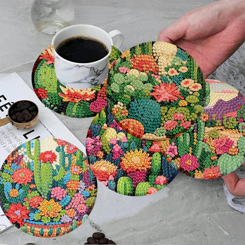 ijbnhd 8 Pcs Cactus Diamond Art Coasters Kit, Cactus Diamond Painting Coasters with Holder, Arts and Crafts Supplies Astral 4X4inch (Cork Wooden Pad) - Image 5