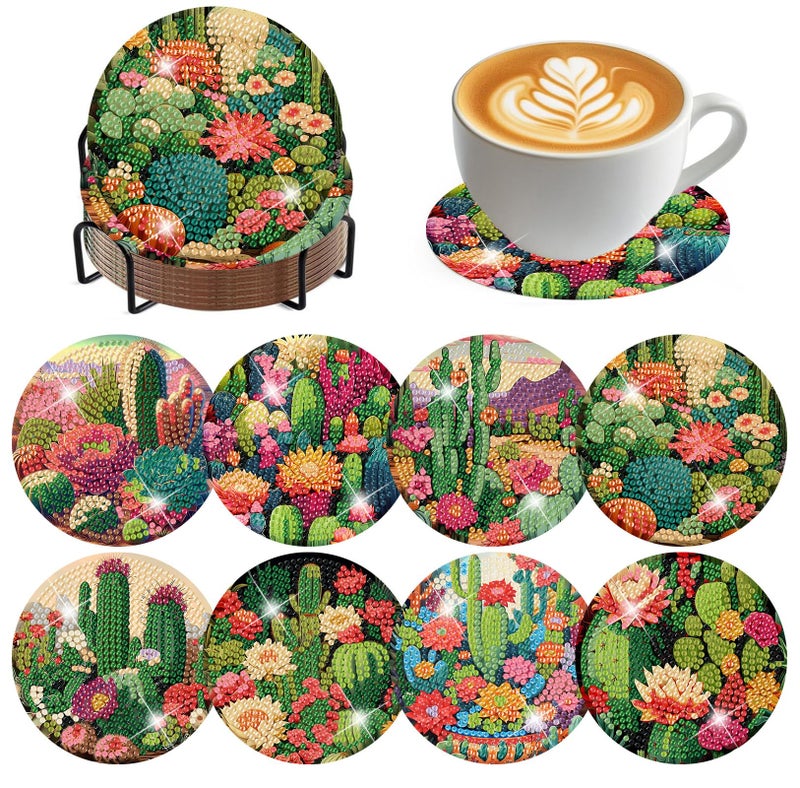 ijbnhd 8 Pcs Cactus Diamond Art Coasters Kit, Cactus Diamond Painting Coasters with Holder, Arts and Crafts Supplies Astral 4X4inch (Cork Wooden Pad) - Image 1