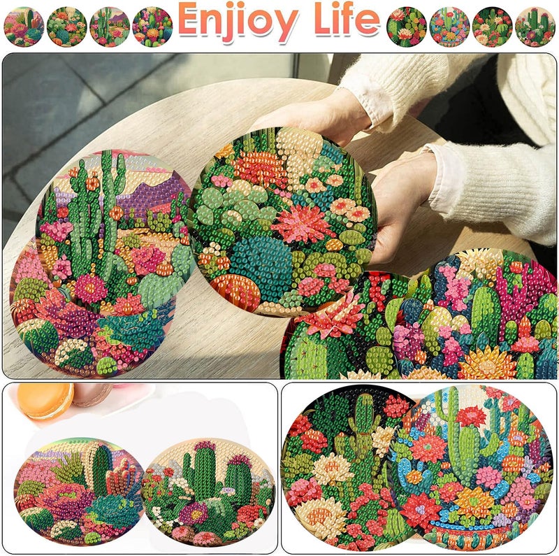 ijbnhd 8 Pcs Cactus Diamond Art Coasters Kit, Cactus Diamond Painting Coasters with Holder, Arts and Crafts Supplies Astral 4X4inch (Cork Wooden Pad) - Image 2