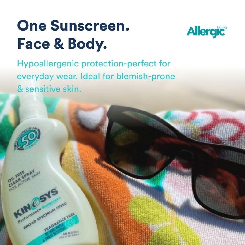 KINeSYS Fragrance Free Clear Spray Sunscreen for sensitive skin, SPF 50, Hypoallergenic, Broad Spectrum UVA/UVB protection for Face & Body; PABA and Oxybenzone FREE, 700+ Sprays, 4 Fl Oz/120 mL - Image 4