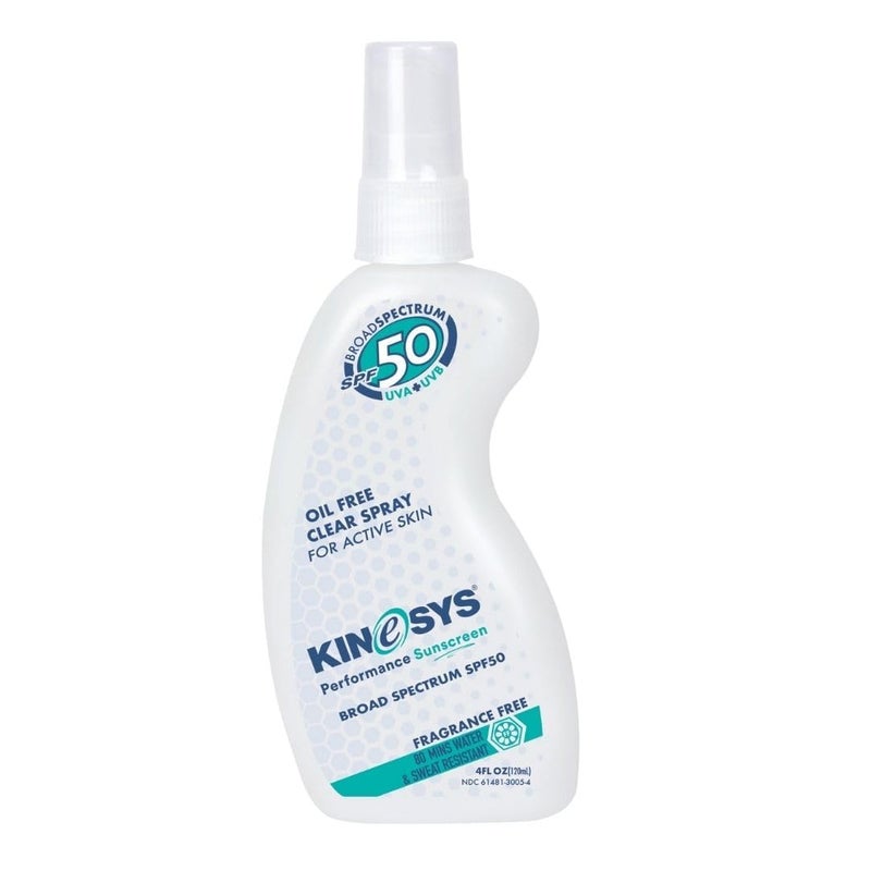 KINeSYS Fragrance Free Clear Spray Sunscreen for sensitive skin, SPF 50, Hypoallergenic, Broad Spectrum UVA/UVB protection for Face & Body; PABA and Oxybenzone FREE, 700+ Sprays, 4 Fl Oz/120 mL - Image 1