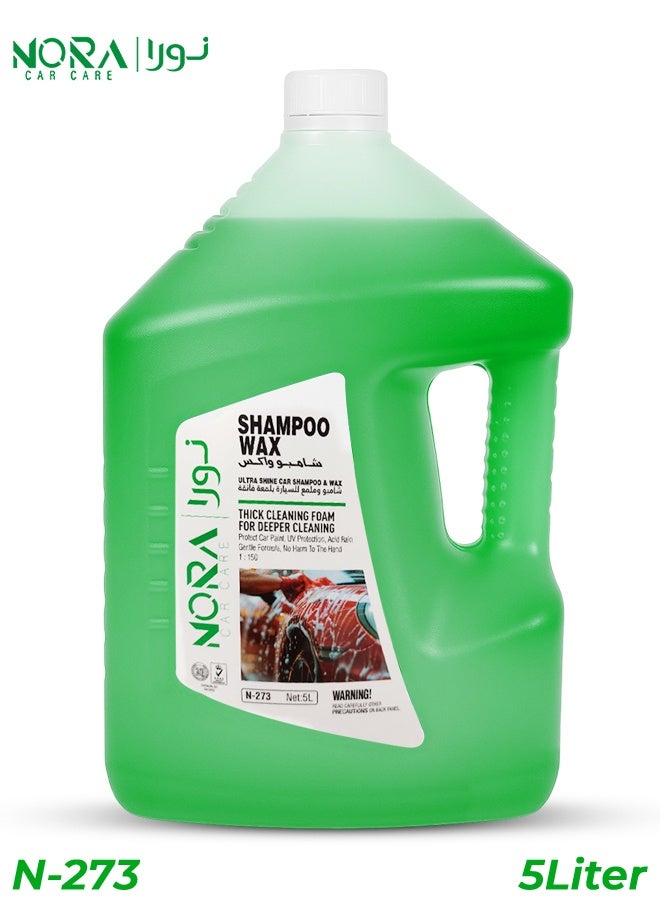 NORA Ultra Shine Shampoo Wax N-273, 5L - Green Car Shampoo & Wax with Thick Foam, UV Protection, Deep Cleaning, pH Balanced, Colour Safe Formula for Car Exterior, Provides Smooth Finish & Shiny Look, Biodegradable, Suitable for Bucket & Machine Wash - Image 1