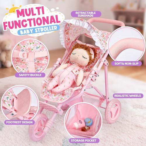 Toylink Baby Doll Stroller Toy Set for Girls Toddlers 35 134 Baby Doll Accessories Set with Foldable Stroller Bottle Pretend Play Baby Toy Christmas Birthday Gifts for Kids 3 4 5 6 7 8 Year Old - Image 5