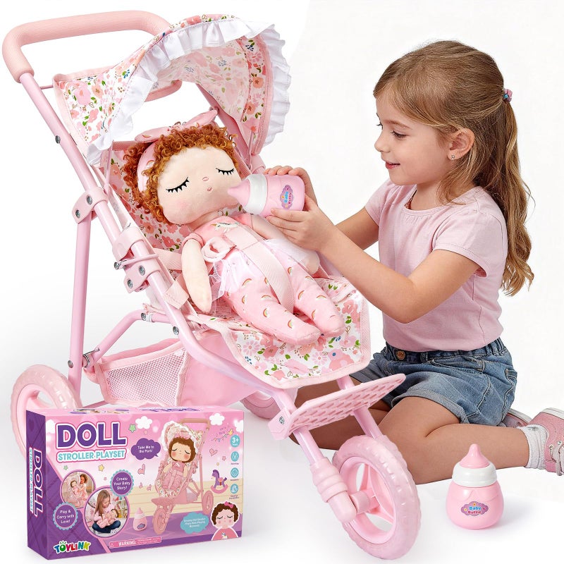 Toylink Baby Doll Stroller Toy Set for Girls Toddlers 35 134 Baby Doll Accessories Set with Foldable Stroller Bottle Pretend Play Baby Toy Christmas Birthday Gifts for Kids 3 4 5 6 7 8 Year Old - Image 3