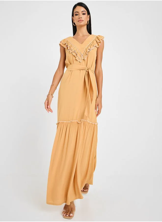 Styli Ruffle Trim Tie Up Front A-Line Maxi Dress