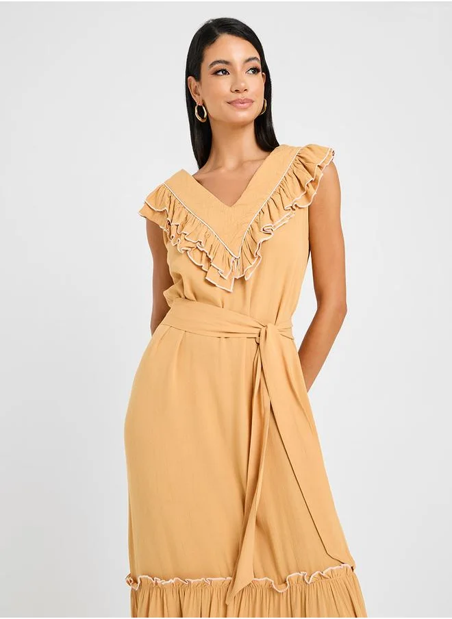 Styli Ruffle Trim Tie Up Front A-Line Maxi Dress