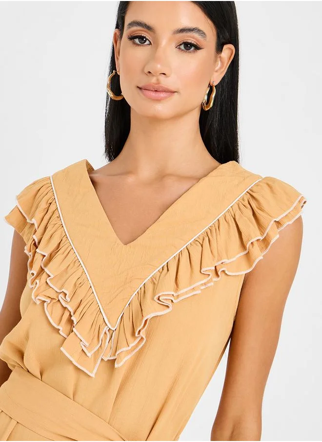 Styli Ruffle Trim Tie Up Front A-Line Maxi Dress