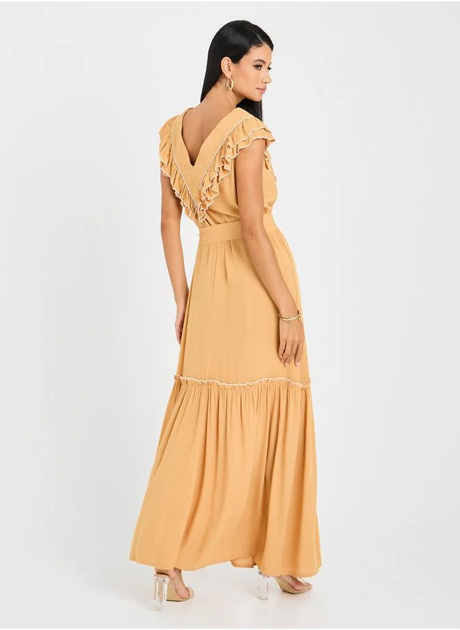 Styli Ruffle Trim Tie Up Front A-Line Maxi Dress