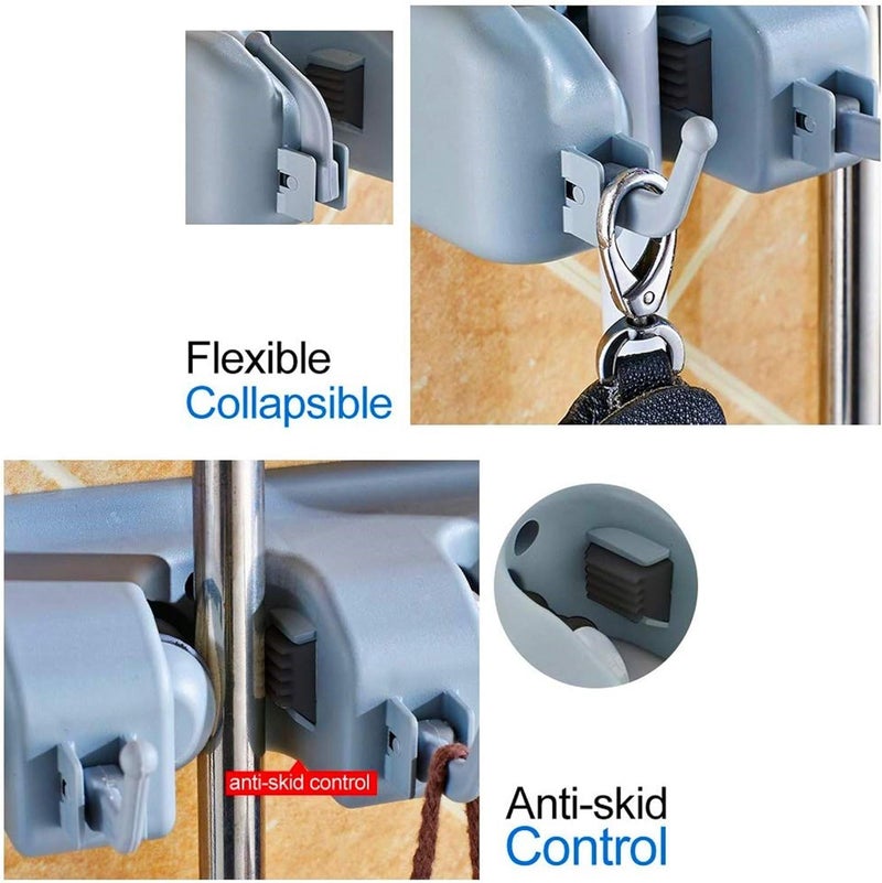 HavenFlix Mop and Broom Holder Wall Mount 5 Slot Position with 6 Hooks Heavy Duty Broom Holder Wall Mounted or Tool Organizer For Home Garden Garage And Storage Broom Stick Holder Wall Mounted Stand Grey - Image 5