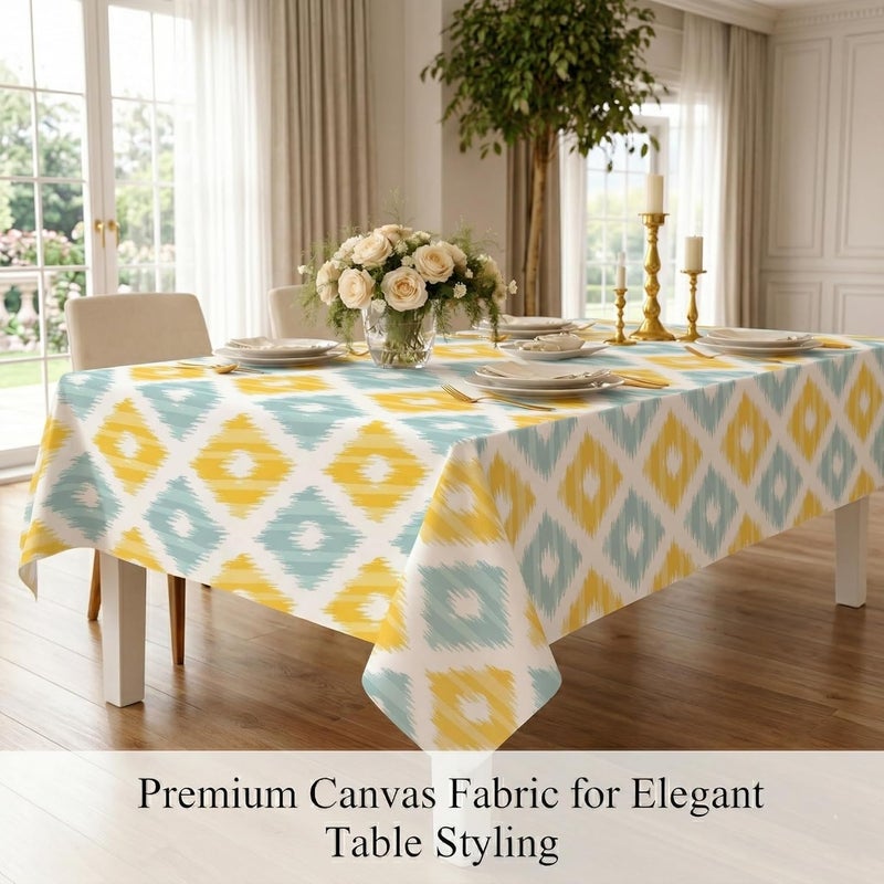 STITCHNEST Ikat Yellow Teal Printed Poly Cotton Table Cover (40x60 Inches) Rectangular - Image 3