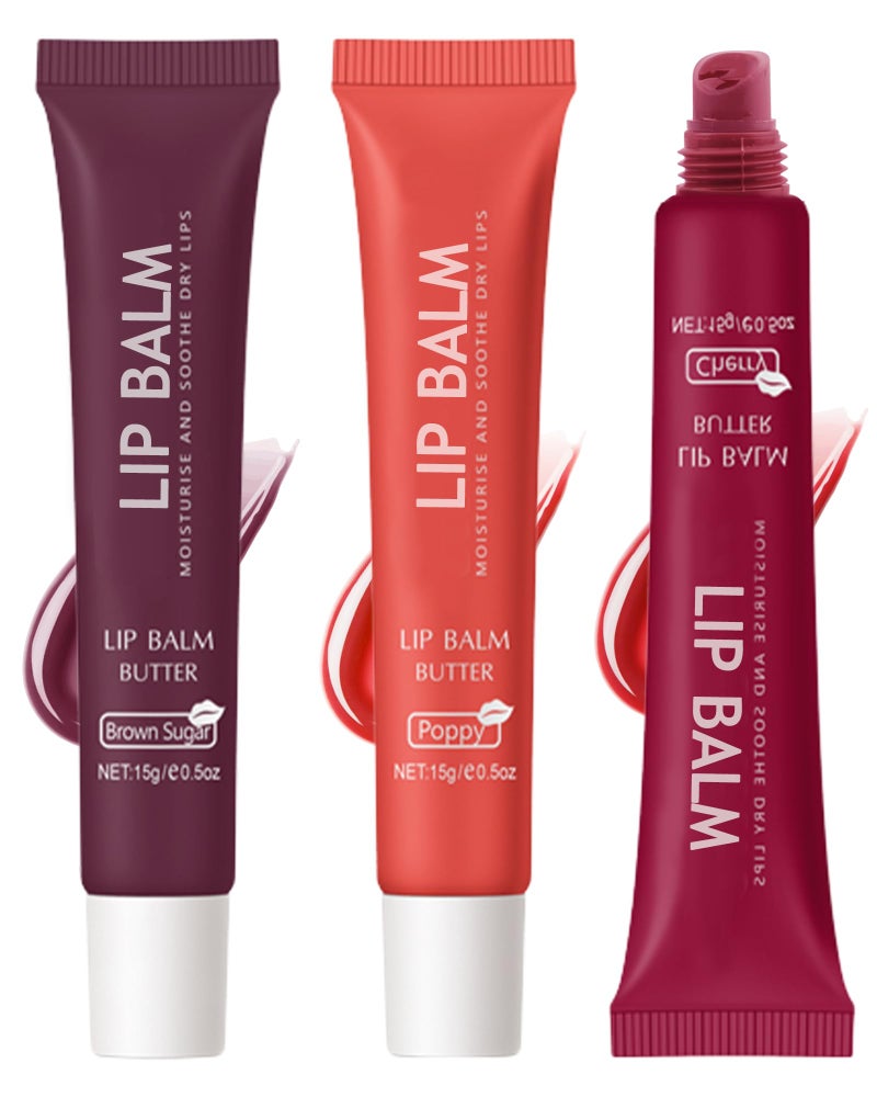 LYSdefeu Butter Tinted Lip Balm-3 Colors Vanilla Beige Brown Poppy Pink Sugar Lip Gloss,Yummy Lip Stain Long Lasting, Hydrating Non-Stick Glow Reviver Lip Care Oil, Christmas Makeup Gift for Women-Set B - Image 1