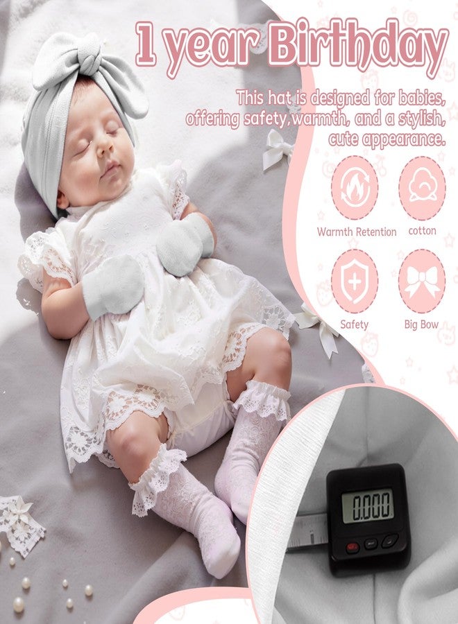 Zando Big Bow Baby Hats and Mittens Newborn Hat Essentials Cotton Warmth Safety Anti-Scratch and Anti-SlipInfant 4 Pack 2 Infant Hospital Hat Baby Turban for Daily Sleep Birthday Girls Boys 0-2T - Image 2