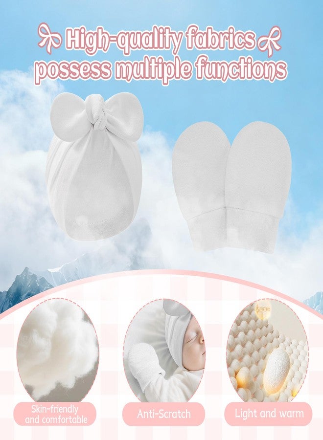 Zando Big Bow Baby Hats and Mittens Newborn Hat Essentials Cotton Warmth Safety Anti-Scratch and Anti-SlipInfant 4 Pack 2 Infant Hospital Hat Baby Turban for Daily Sleep Birthday Girls Boys 0-2T - Image 3