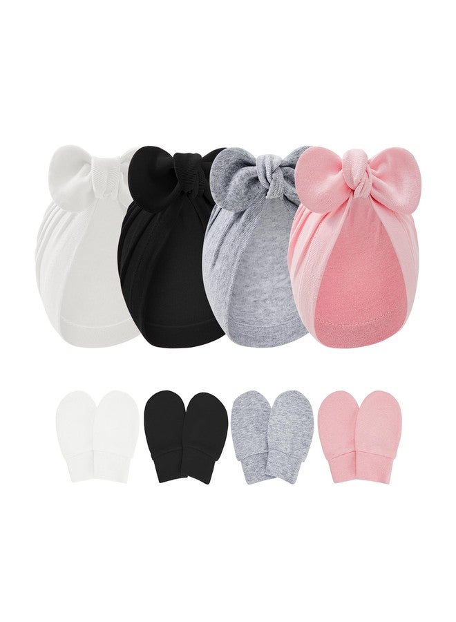 Zando Big Bow Baby Hats and Mittens Newborn Hat Essentials Cotton Warmth Safety Anti-Scratch and Anti-SlipInfant 4 Pack 2 Infant Hospital Hat Baby Turban for Daily Sleep Birthday Girls Boys 0-2T - Image 1