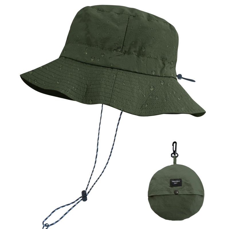 PFFY Quick Dry Waterproof Packable Bucket Hat for Women Men Outdoor Sun Hats with Detachable Chin Strap Green (More Loose) - Image 1