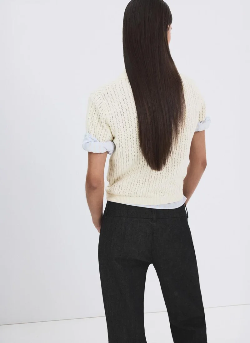 مانجو Openwork knitted polo-neck sweater