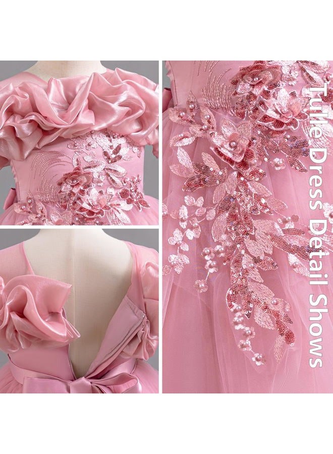 Zvzio Girls Long Sleeveless Party Dress, Tiered Tulle Princess Dress for Birthday Wedding, Dusty Rose, 6 Years - Image 5
