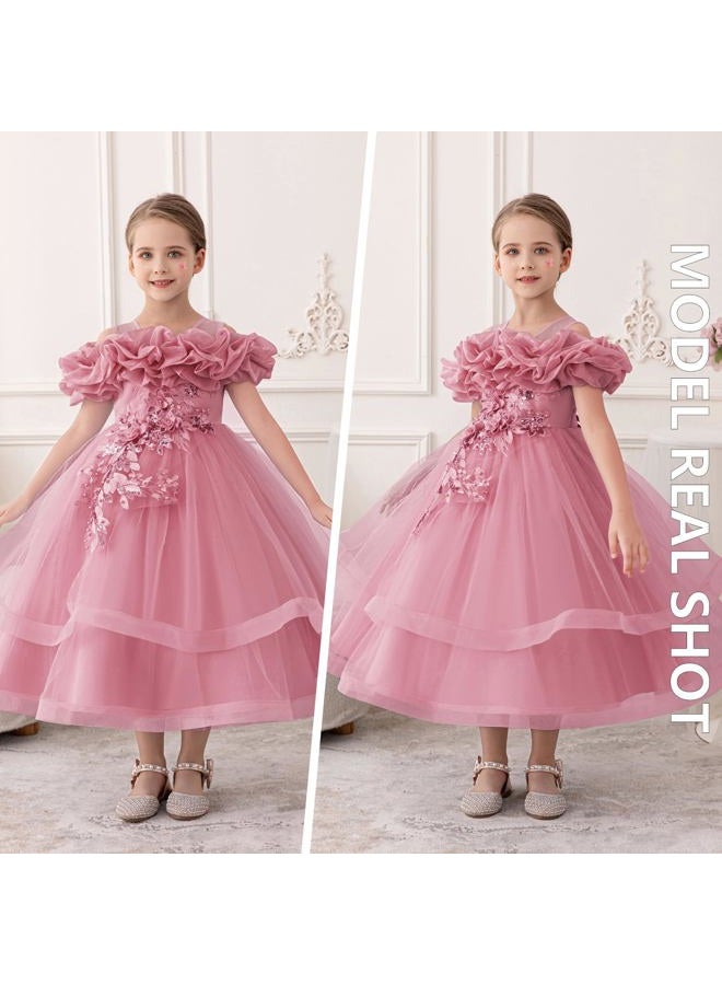 Zvzio Girls Long Sleeveless Party Dress, Tiered Tulle Princess Dress for Birthday Wedding, Dusty Rose, 6 Years - Image 4