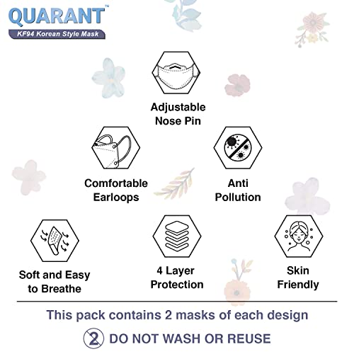 QUARANT Dual Meltblown Fabric KF94 Korean Style Designer Face Mask with Nose Clip and Travel Pouch (Floral Bliss Combo, Multicolour, Pack of 10) for Unisex - Image 3