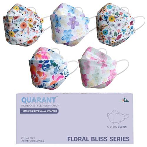 QUARANT Dual Meltblown Fabric KF94 Korean Style Designer Face Mask with Nose Clip and Travel Pouch (Floral Bliss Combo, Multicolour, Pack of 10) for Unisex - Image 1