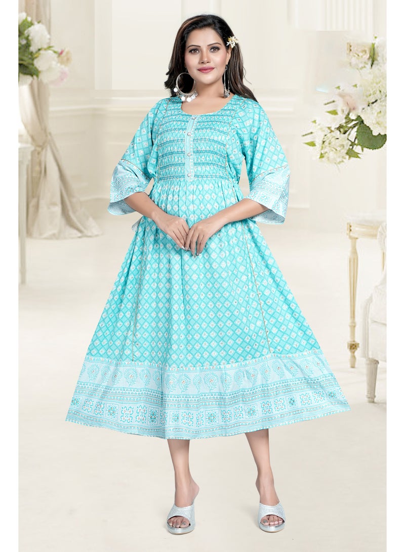 Zainah Women's Three-Quarter Sleeve Midi Dress with Embroidered Round Neck and Full Floral Print - Summer, Smart Casual, Modest, Cotton Blend  - Image 1