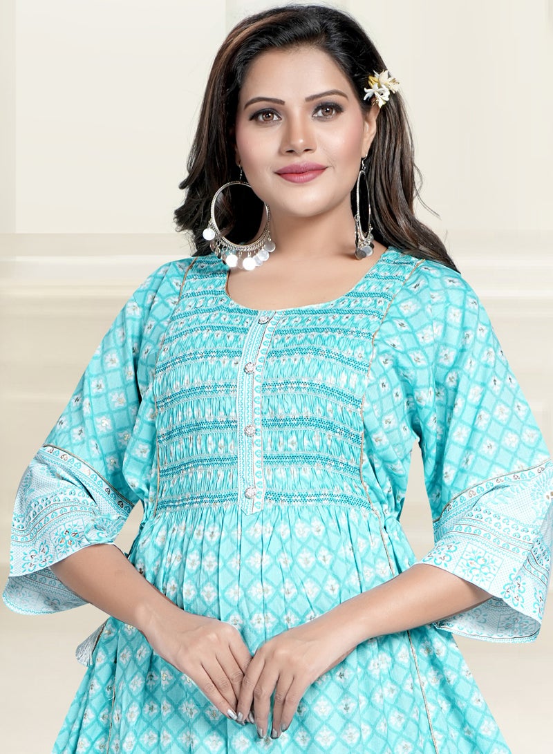 Zainah Women's Three-Quarter Sleeve Midi Dress with Embroidered Round Neck and Full Floral Print - Summer, Smart Casual, Modest, Cotton Blend  - Image 2