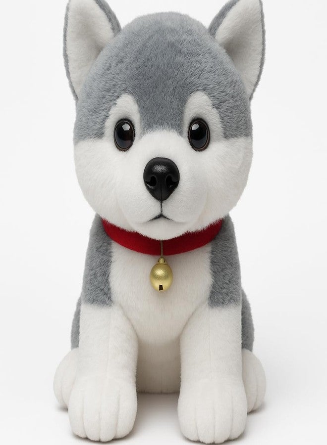 Fun4you Plush Husky Dog Toy, 30cm, Soft Stuffed Animal with Bell Collar, Grey & White - Image 1