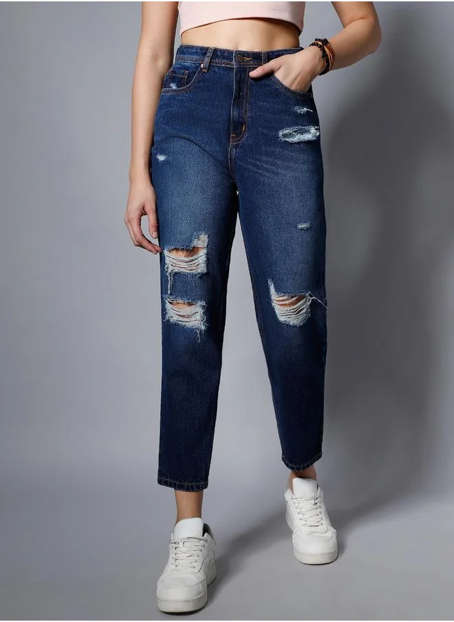 هاي ستار Women's Blue 100% Cotton Solid Pattern Full Length Mom Fit Jeans