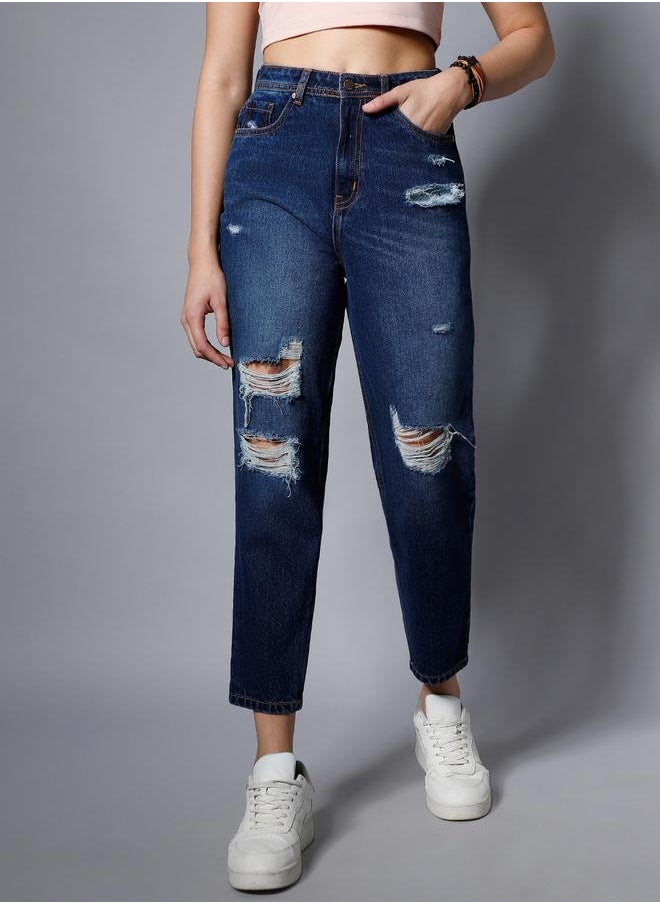HIGH STAR Women's Blue 100% Cotton Solid Pattern Full Length Mom Fit Jeans  - Image 2