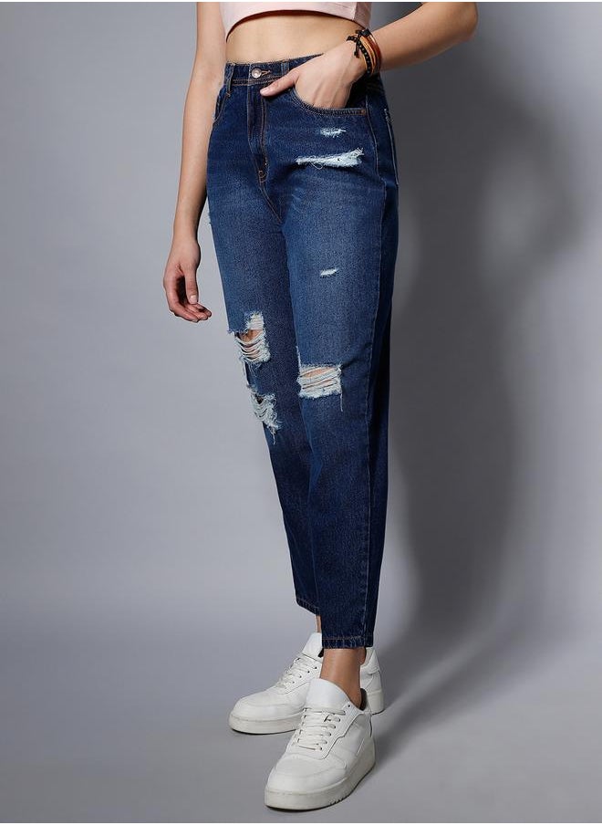 HIGH STAR Women's Blue 100% Cotton Solid Pattern Full Length Mom Fit Jeans  - Image 3