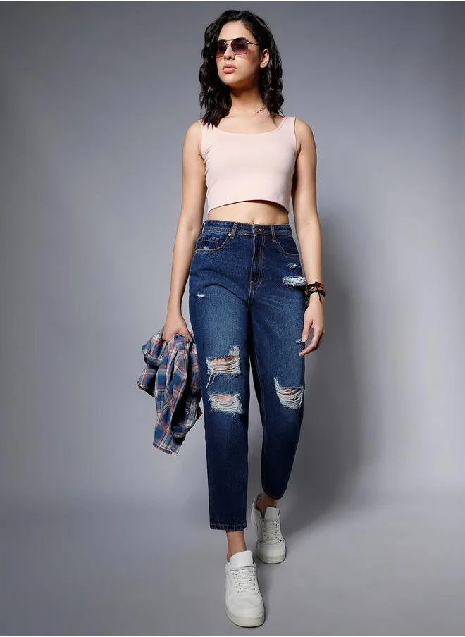 هاي ستار Women's Blue 100% Cotton Solid Pattern Full Length Mom Fit Jeans