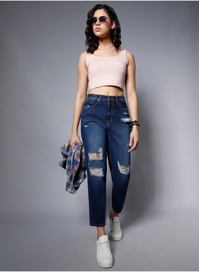 HIGH STAR Women's Blue 100% Cotton Solid Pattern Full Length Mom Fit Jeans  - Image 1