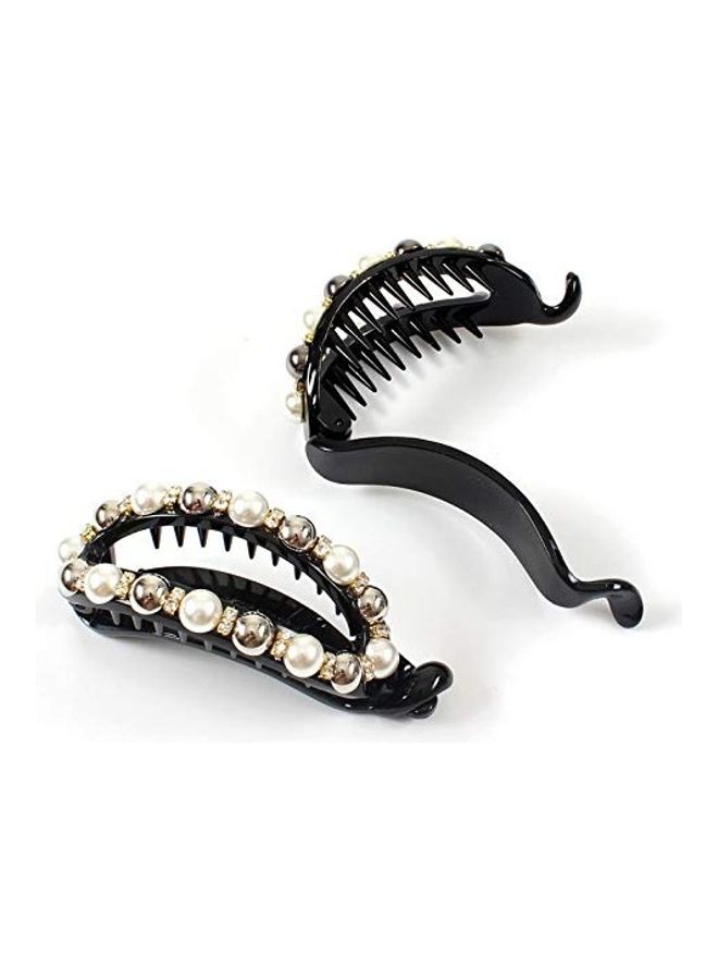 NIBEMINENT 2 Piece Pearl Bow Banana Hair Clip Black/White - Image 1