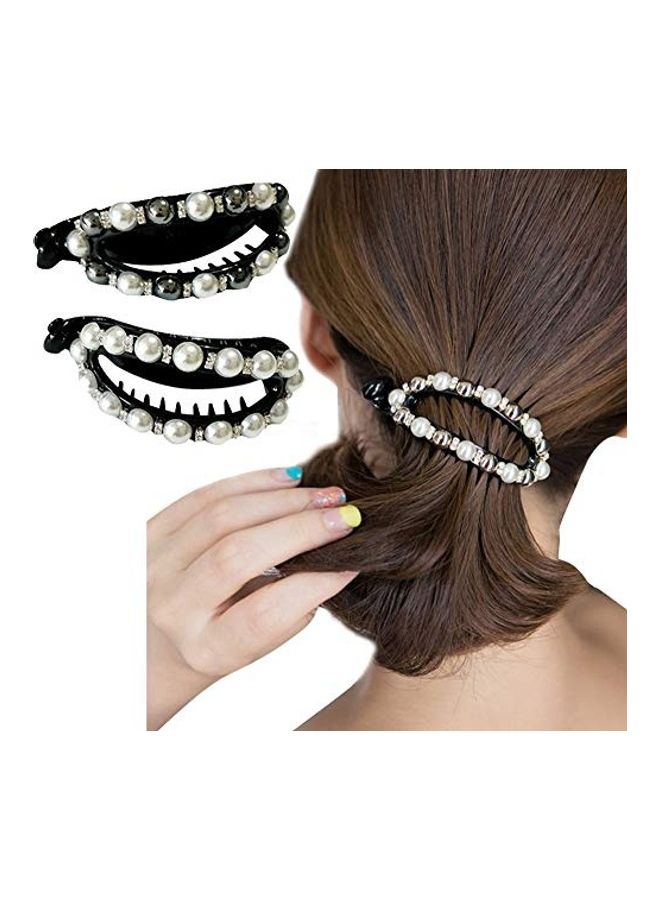 NIBEMINENT 2 Piece Pearl Bow Banana Hair Clip Black/White - Image 3