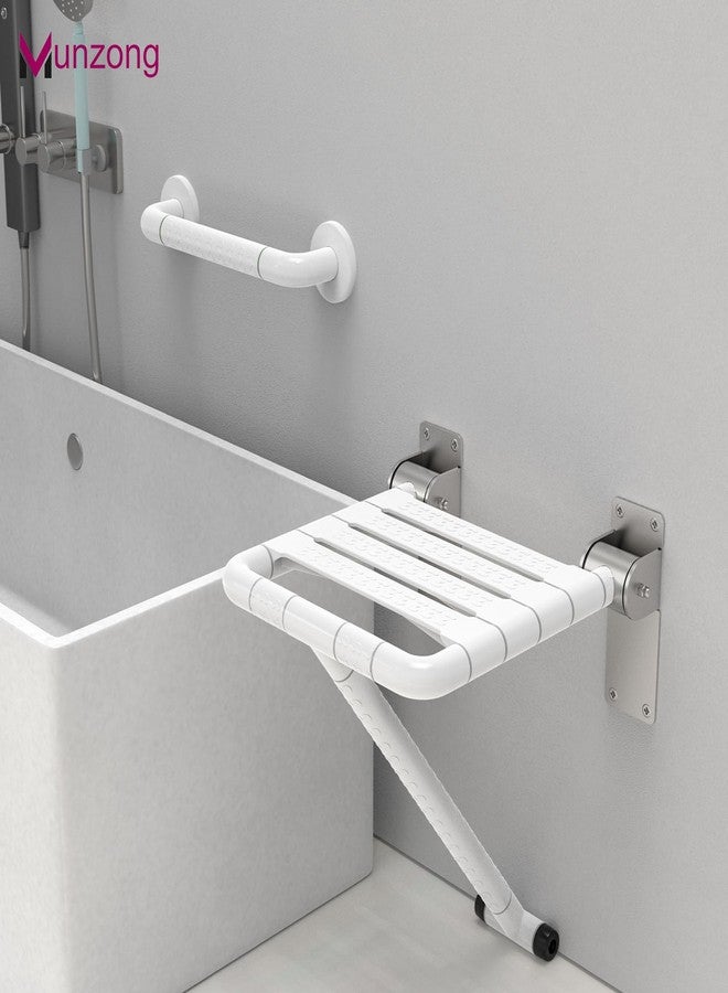 Munzong Wall Mounted Folding Shower Seat with Assist Grab Bar in White - Image 3