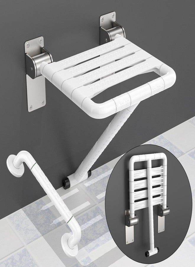 Munzong Wall Mounted Folding Shower Seat with Assist Grab Bar in White - Image 1