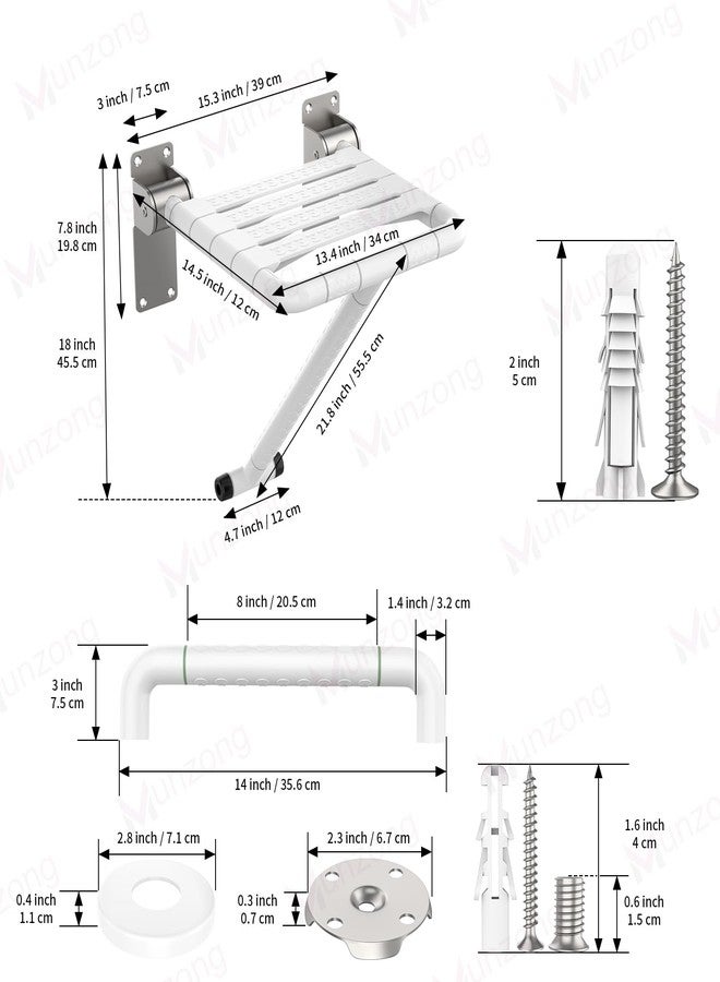 Munzong Wall Mounted Folding Shower Seat with Assist Grab Bar in White - Image 2