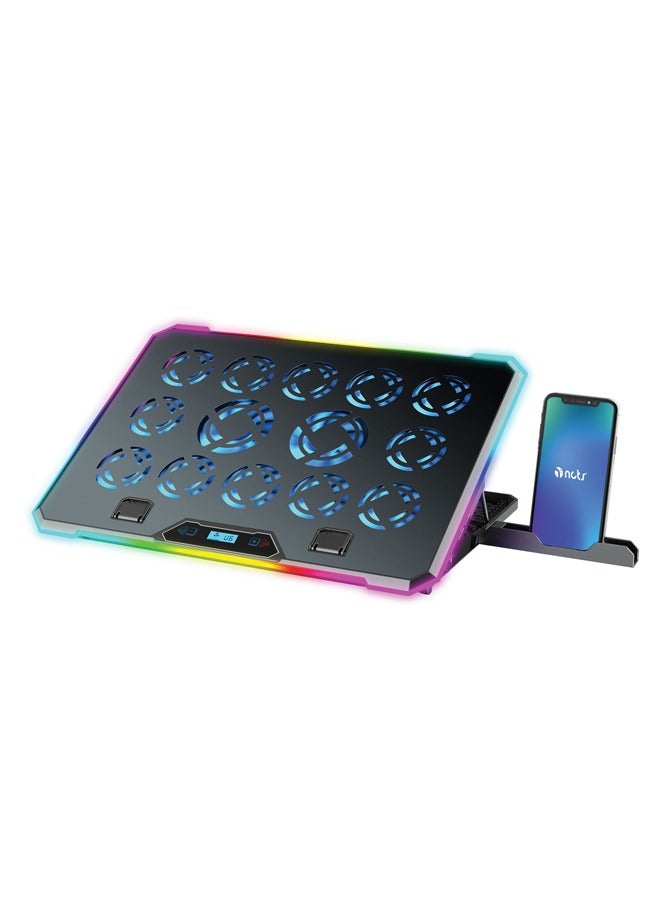وسادة تبريد NCTS-C1419 RGB للألعاب، تصميم مريح مع 14 مروحة هادئة لأجهزة الكمبيوتر المحمولة بحجم 17 بوصة وأقل، 8 ارتفاعات، أضواء LED وشاشة LCD، 10 أوضاع لتأثيرات إضاءة RGB، 2 منفذ USB، GTIN:6295151550038
